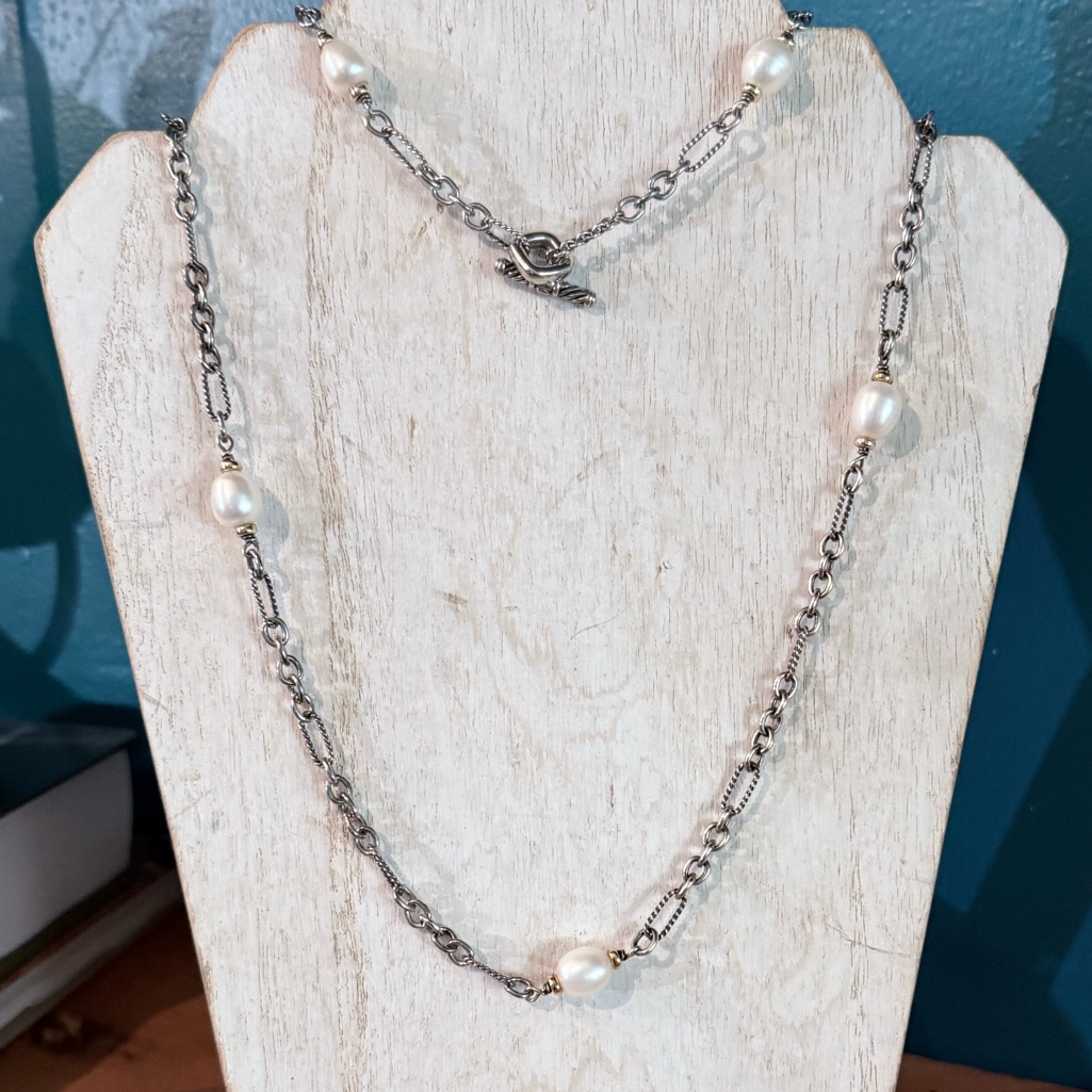 David Yurman Authentic Long Toggle Pearl Sterling Silver 18k Necklace 550$